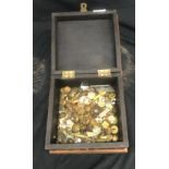 Selection of vintage RAF and Naval buttons with a copper and wooden box