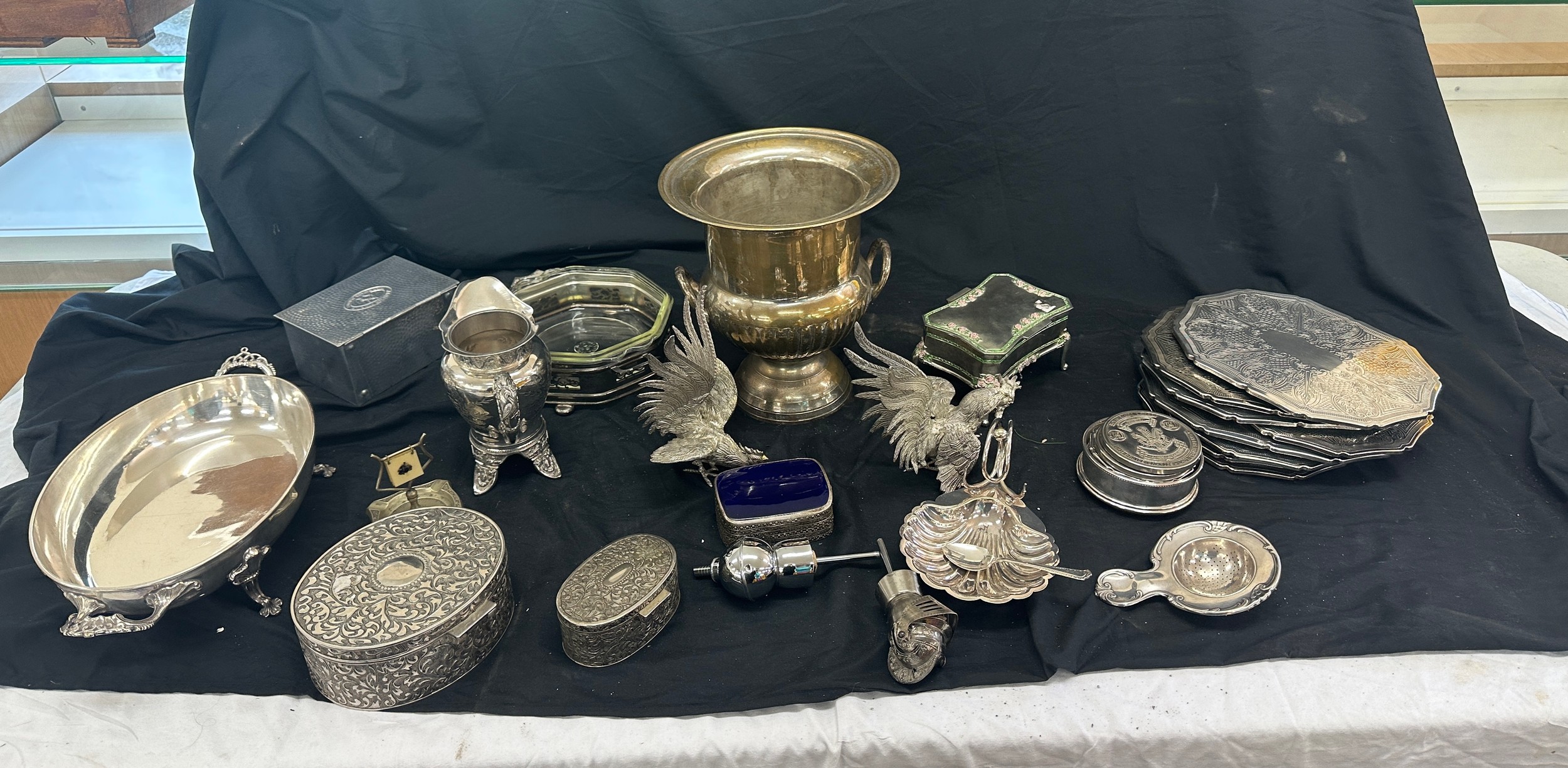 Large selection of silver plate EPNS items to include Champagne bucket, trays, plate mats etc