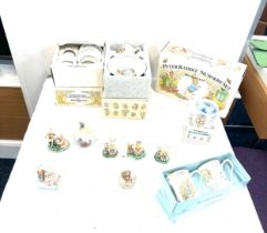 Selection of boxed Beatrix potter pottery etc includes part tea services, mugs etc