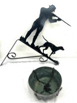 Vintage wraught iron hunting wall hanging plaque and a copper bowl largest measures 22 inches tall