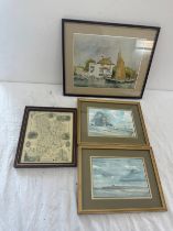 Four framed prints of water colours largest measures 13 inches high by 15 inches wide