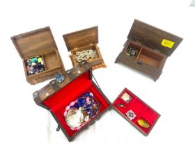 Selection of four wooden boxes and contents include vintage and later costume jewellery