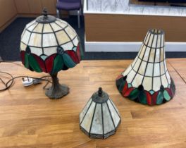 Tiffany style lamp and shade along with one other vintage lamp shade largest measures approx 16