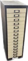 Vintage steel 15 drawer cabinet measures approx 34 inches tall by 16 inches deep by 11 inches wide