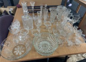 Large selection of assorted glassware to include cut glass, etched glass, lead crystal decanter,