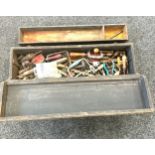 Vintage wooden tool box with contents to include saws, drills, files etc