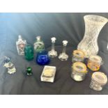 Selection Kilner glass jars, hand painted jar, candlesticks, decorative glassware etc