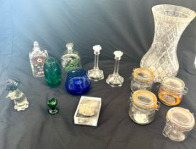 Selection Kilner glass jars, hand painted jar, candlesticks, decorative glassware etc