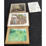 Selection of vintage framed prints and one embroidery largest measures approx 25 inches long by 32