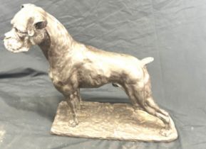 Signed resin dog figure of a Boxer measures approx 11 inches tall by 11 inches wide- signed W.Timyia
