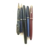 Selection of 5 pens includes a parker duo fold 14ct gold nip, a set of swan pens etc