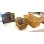 Two large wicker baskets and a vintage wooden wall hanging cabinet largest measures 11 inches long