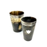 2 antique silver rim horn cups