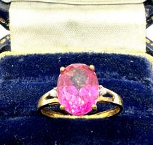 9ct Gold Coated Pink Topaz & Diamond Ring (1.8g)