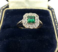 9ct Gold Green Paste & White Gemstone Cluster Ring (1.4g)