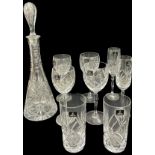 Selection of Royal Doulton drinking glasses together with a cut glass tall decanter with stopper,