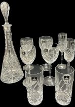 Selection of Royal Doulton drinking glasses together with a cut glass tall decanter with stopper,