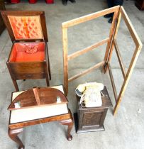 Sewing table, stool, wooden clothes horse, small oak cupboard, retro telephone