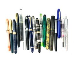 Selection of assorted fountain pens includes 14ct gold nibs etc