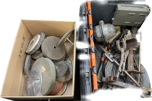 Large selection of assorted tools includes sanding discs, light etc