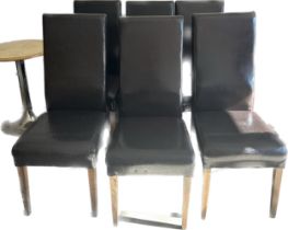 Set 6 brown leather dining chairs, damage to one learher seat as seen in image