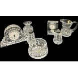 Selection Waterford crystal glass pieces to include 3 mantel clocks, salt and pepper set, small jug,