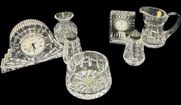 Selection Waterford crystal glass pieces to include 3 mantel clocks, salt and pepper set, small jug,