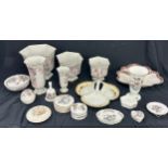 Large selection of assorted pottery includes Wedgwood, vases, trinkets etc