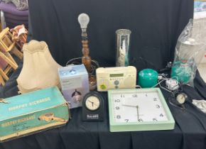 Selection of electrical items includes Roberts radio, Morphy Richards hair dryer, desk light, lamps,