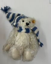 Steiff teddy bear in original box and tag, Winter with hat and scarf, 18cm tall