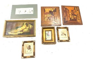 Selection of antique and later oil on board paintings and prints, largest measures approximately