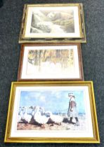 Three large framed animal pictures and prints, signed, largest measures approximately 32 inches wide