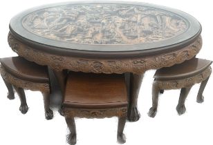 Vintage Carved Teak oriental Tea Table with 6 Stools and glass top with ball and claw feet