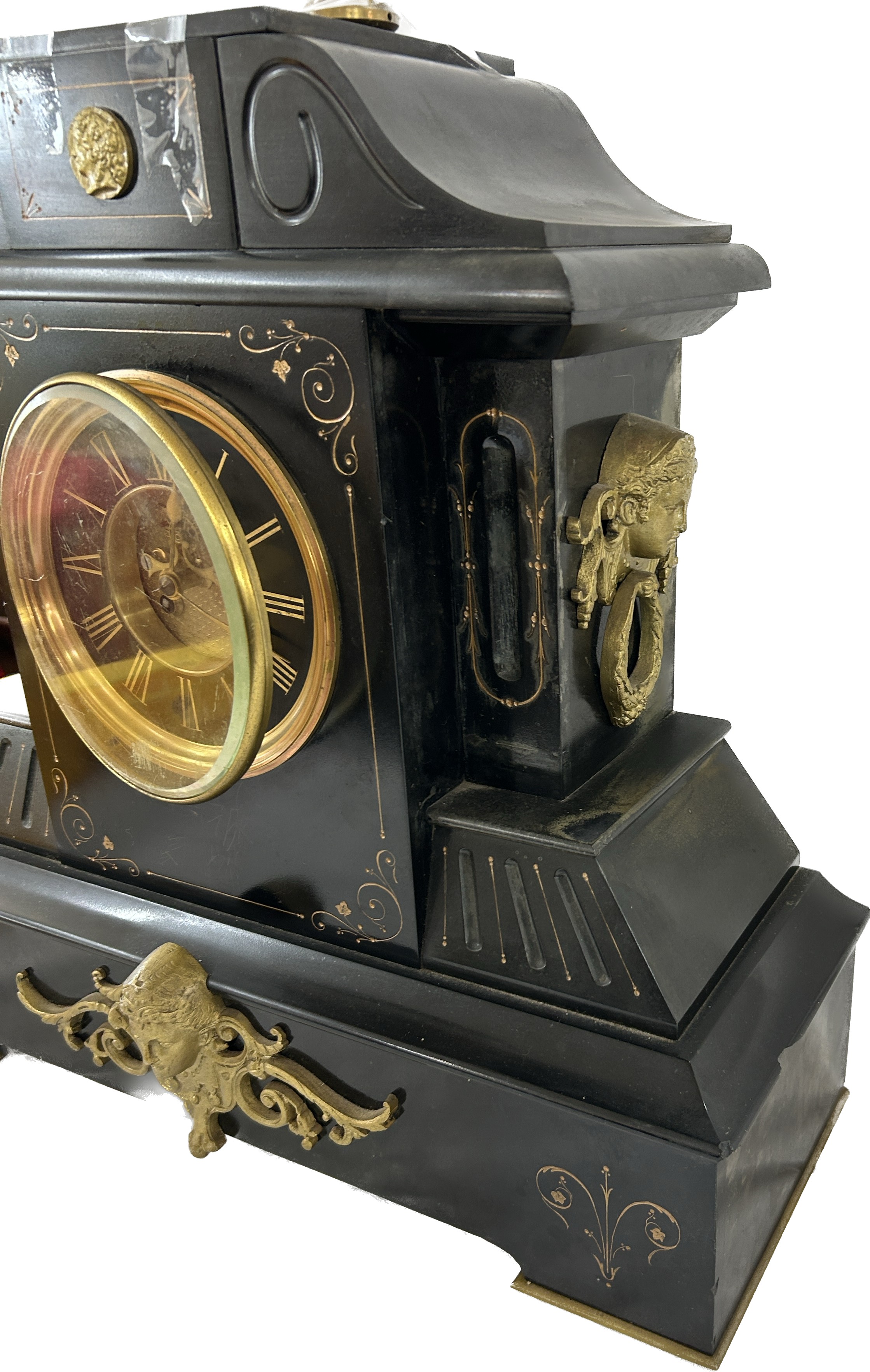 Large French slate clock with visible escapement, with key and pendulum, untested, approximate - Image 4 of 5