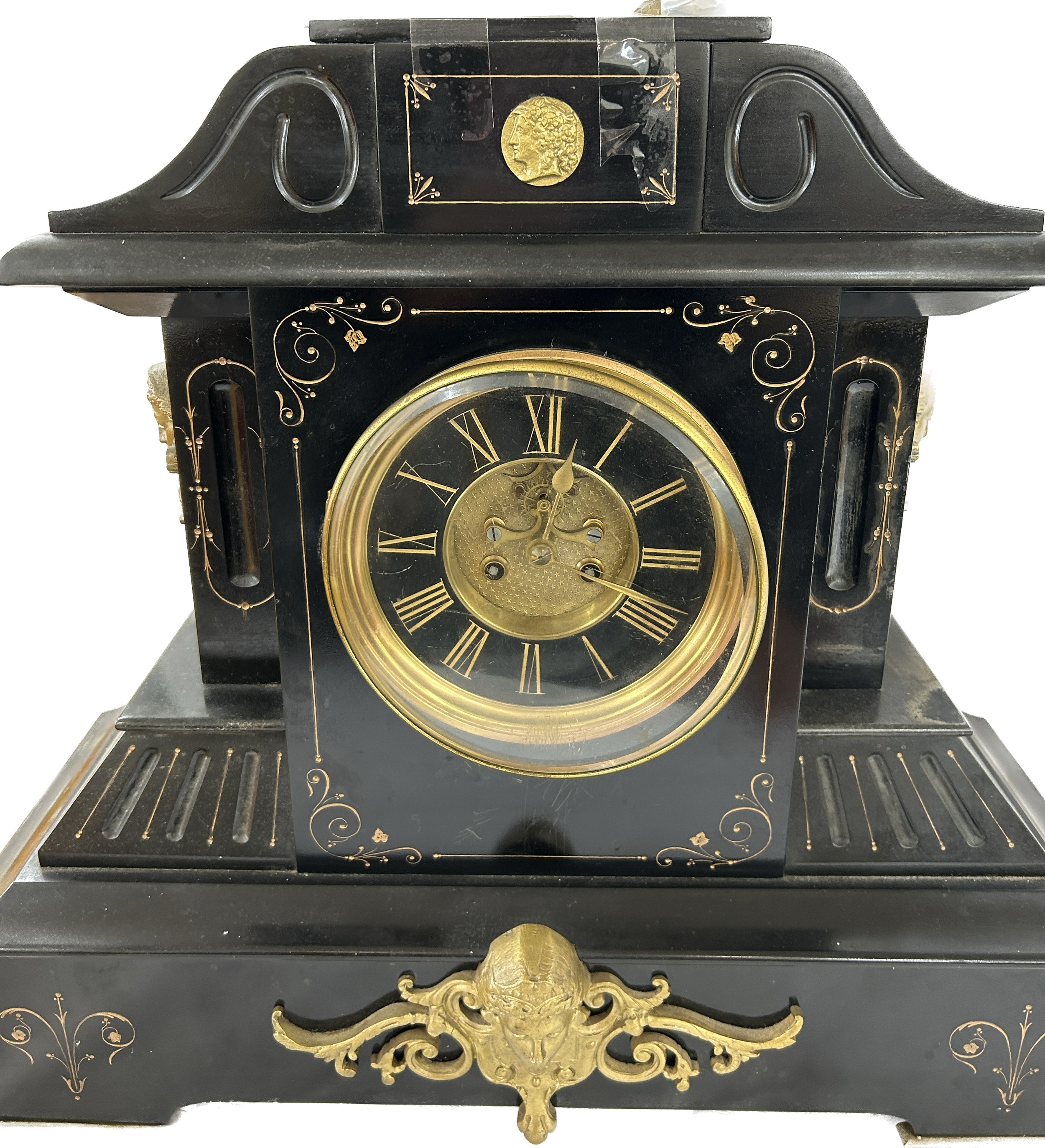 Large French slate clock with visible escapement, with key and pendulum, untested, approximate - Image 5 of 5