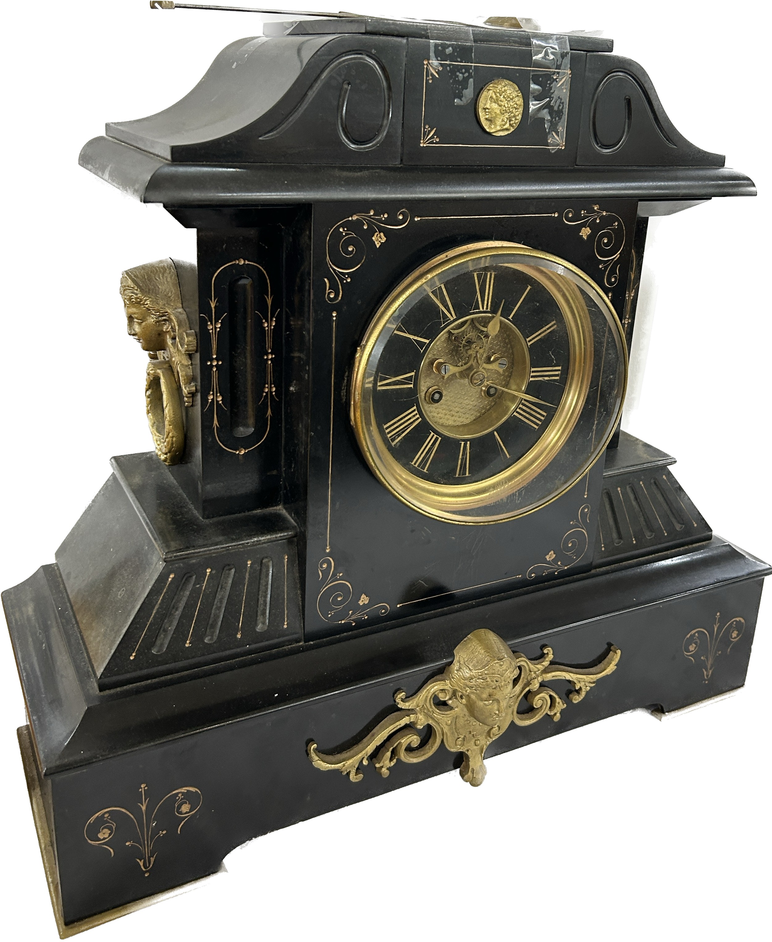 Large French slate clock with visible escapement, with key and pendulum, untested, approximate - Image 3 of 5