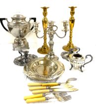 Selection of metalware to include candlesticks, samovar, teapot etc