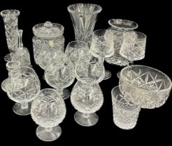 Selection of various cut glass to include Waterfords biscuit jar, vase etc