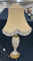 Tall brass and opaque lamp with shade, working order, height of lamp with shade: 43 inches