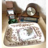 Selection of collectables to include a Tunstall meat plate, PO meter, 2 keyhole mantel clock with