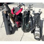 Selection of 5 golf bags with various golf clubs to include Dunlop, Pro Shot, Williams etc