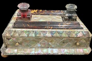 Large antique Georgian tortoiseshell and mother of pearl deskstand, ink stand for restoration (