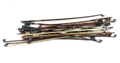 Large selection of vintage and later violin bows, includes Czechoslovakia etc