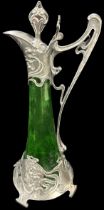 WMF Green Glass Decanter with Art Nouveau pewter mounts, circa 1900 decorated with maidens head to