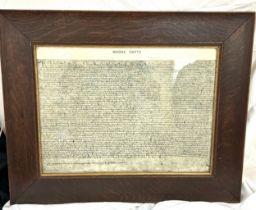 Circa early 1900's copy of the magna carta in an oak frame, Height 22 inches, Width 27 inches