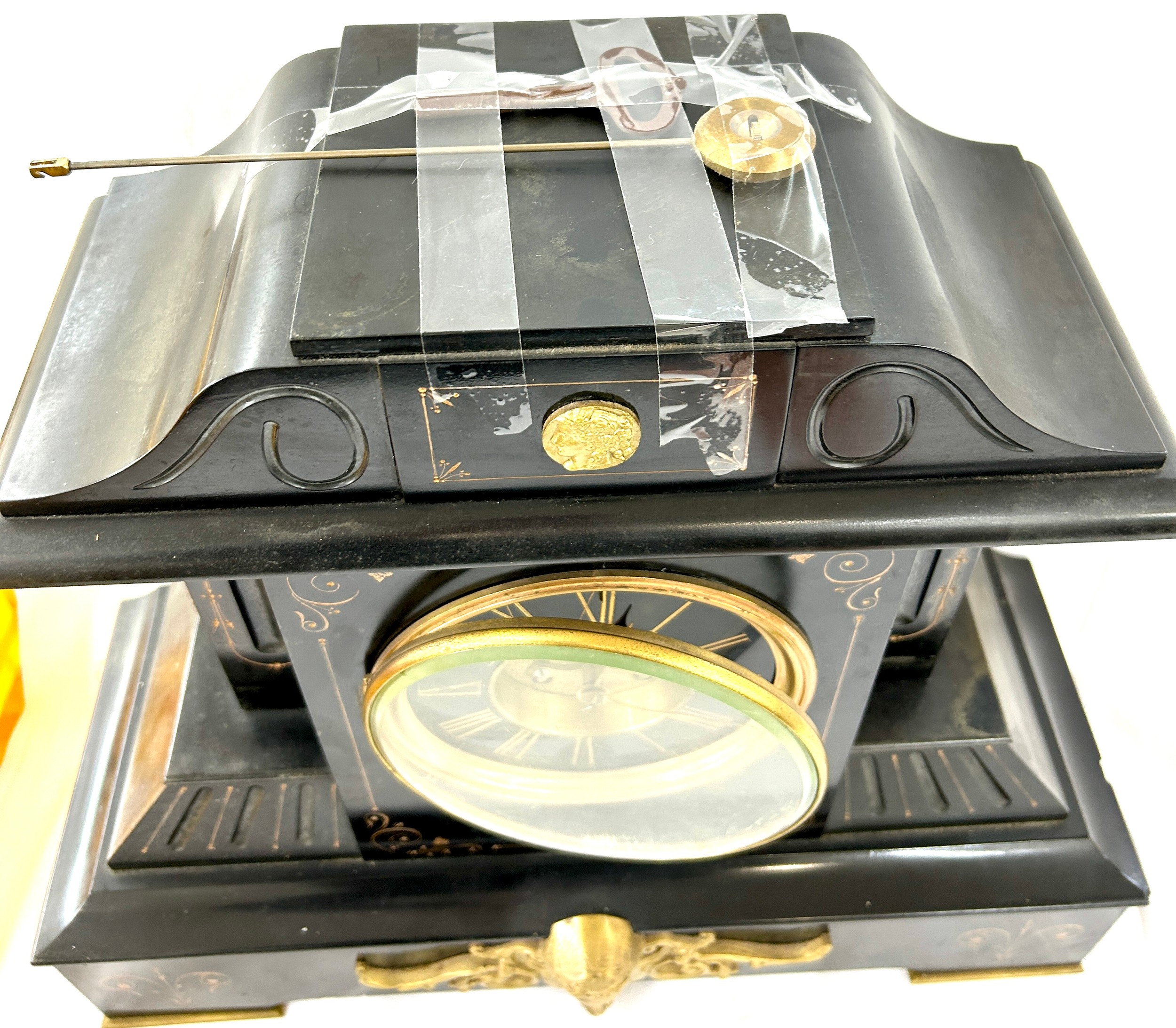 Large French slate clock with visible escapement, with key and pendulum, untested, approximate - Image 2 of 5