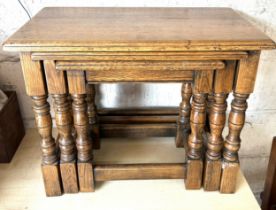 Solid oak nest of 3 tables, height of tallest 19 inches, Width 23 inches, Depth 13 inches