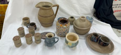 Selection stoneware pots to include jugs, bowls etc, largest piece measures approximately 11