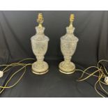 Pair of glass crystal style lamps measures approx 20 inches tall, untested