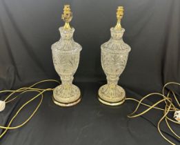 Pair of glass crystal style lamps measures approx 20 inches tall, untested